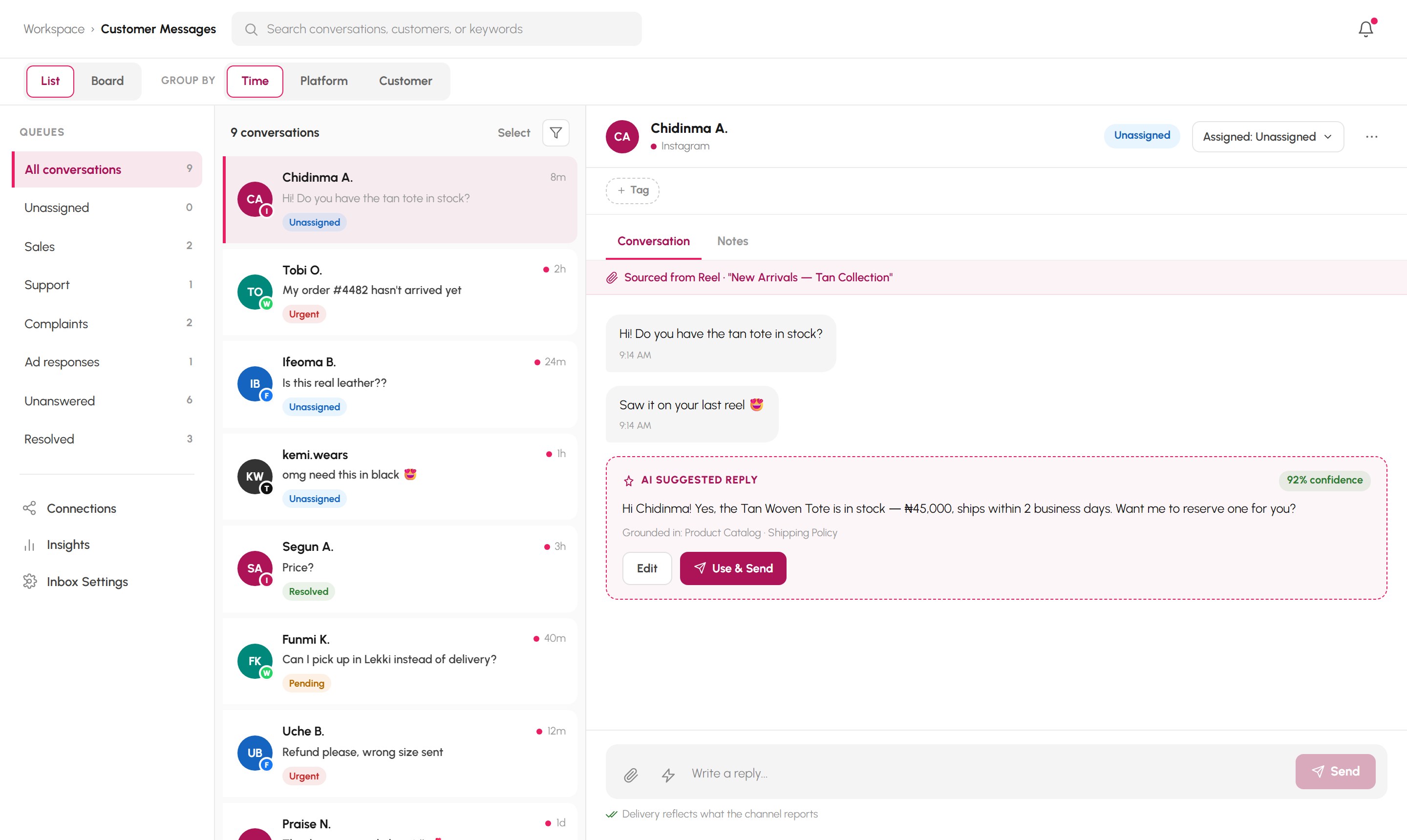 Uri's unified inbox: conversations from Instagram, Facebook and WhatsApp in one list, sorted into queues, with an AI suggested reply ready to send